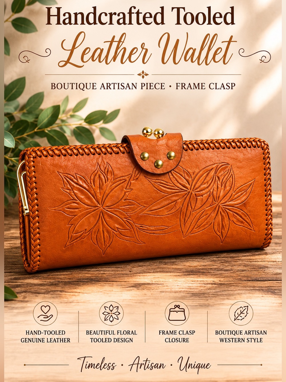 Artisan Hand Tooled Leather Wallet Floral Western Boho Clasp